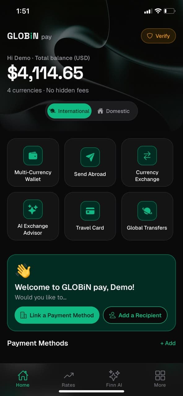 GLOBiN Pay Home screen